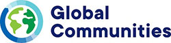 Global communities spelled out in large navy blue letters with an artistic rendering of the globe in shades of blue and green