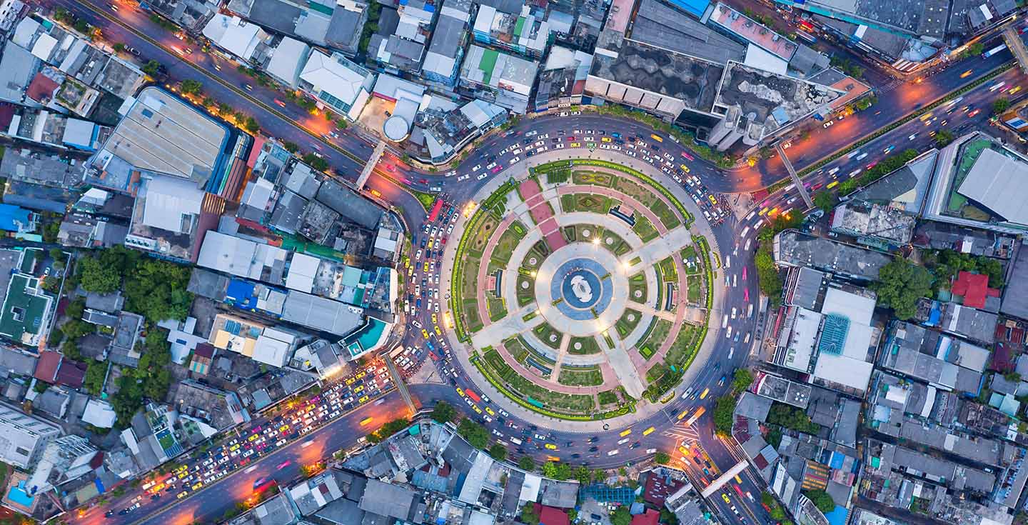 aerial view of an urban roundabout