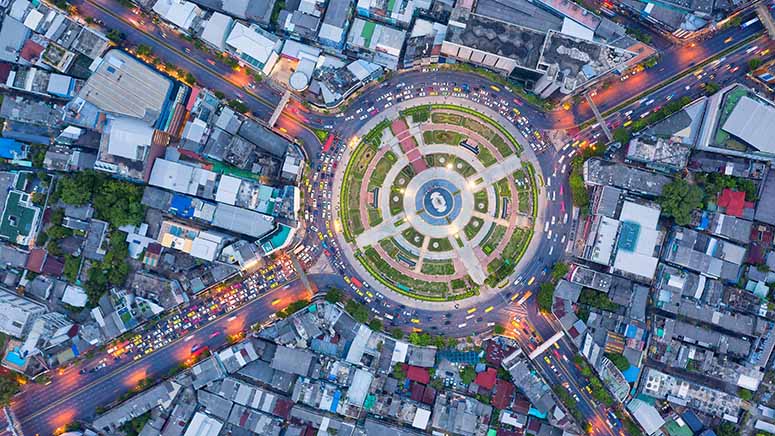aerial view of an urban roundabout