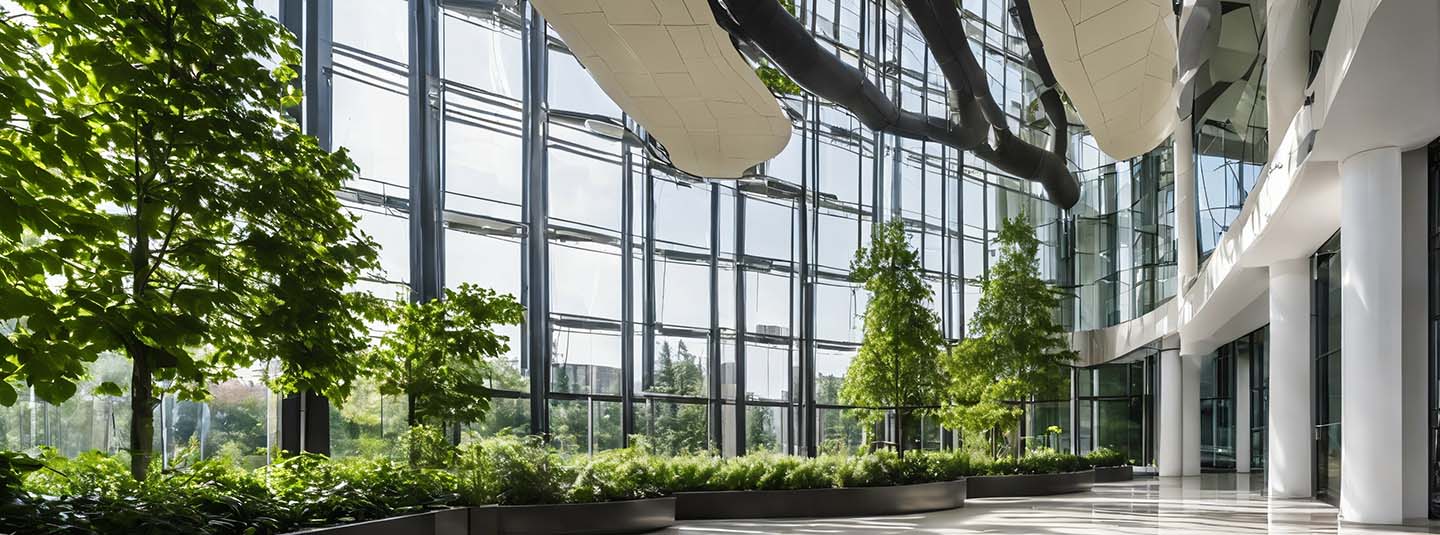 Lobby area of office building, open ceiling several stories high, large windows with trees and shrubs inside