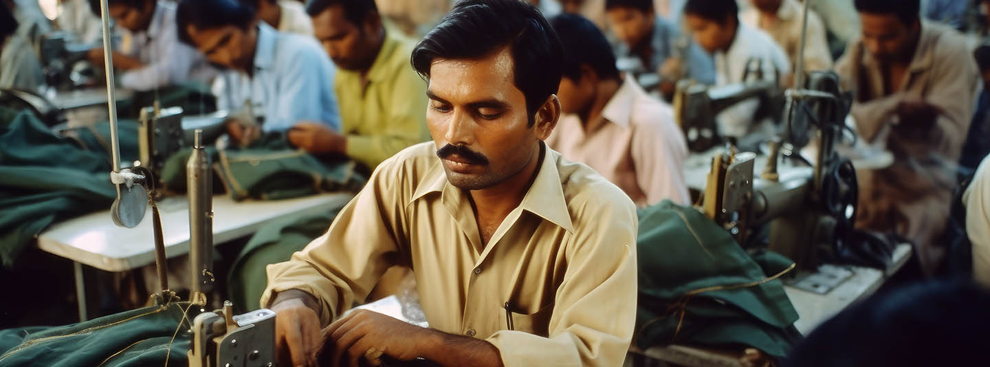 Male workers in Bangladesh textile factory sewing with industrial sewing machines