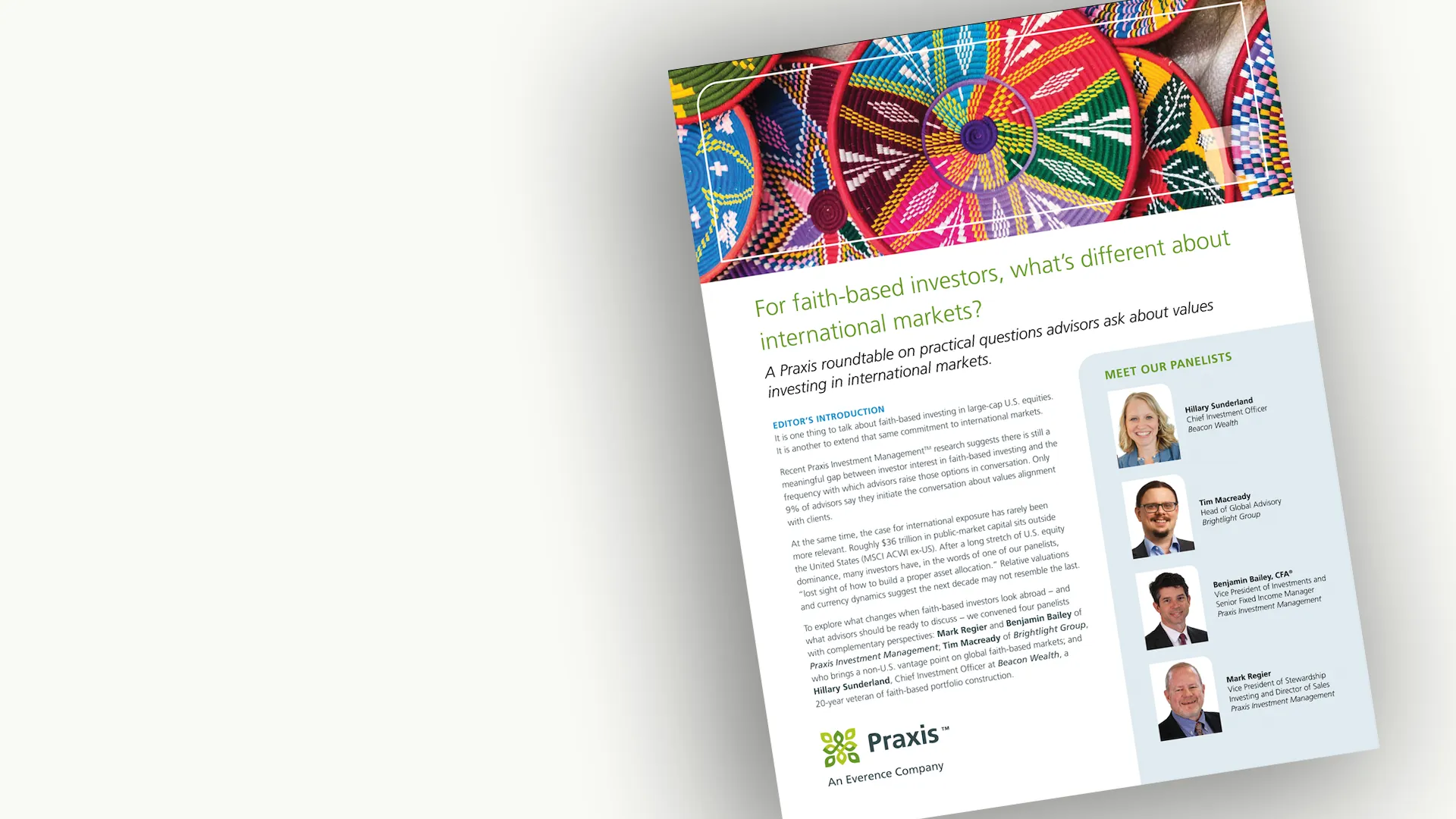 Cover page of the international markets white paper on white background.